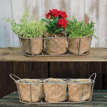 Mesh Basket w/3 Burlap Planters - The Fox Decor